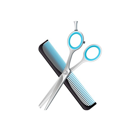 Composition from crossed black comb and scissors for thinning with blue elements on white background vector illustrationのイラスト素材