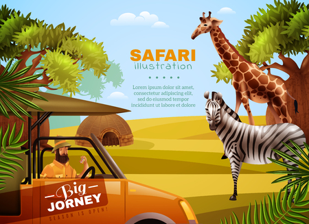 Safari colored poster with big journey headline and tourist with animals in his way vector illustrationのイラスト素材