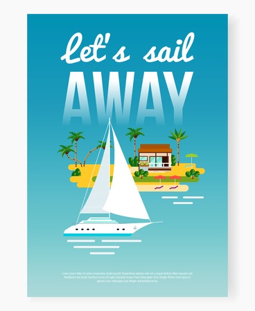 Tropical vacation poster background with flat ocean yacht and island with palms and house with text vector illustrationのイラスト素材