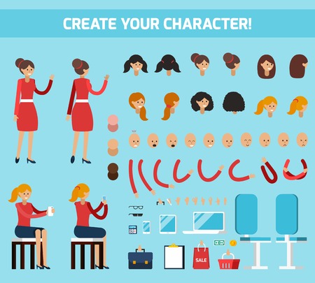 Colored female character constructor flat composition with create your character headline vector illustrationのイラスト素材