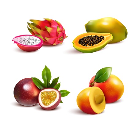 Ripe tropical fruits and slices realistic set with isolated images of mango pitaya papaya and passionfruit vector illustrationのイラスト素材