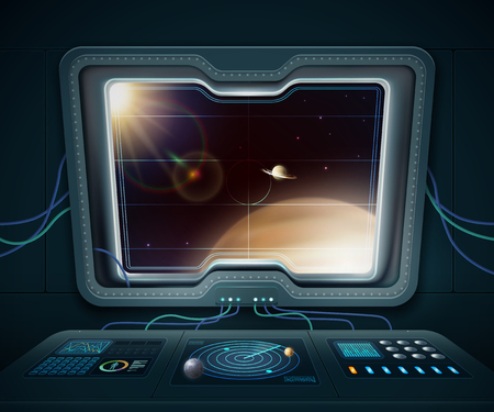 Space ship window with space planets and stars cartoon illustrationのイラスト素材