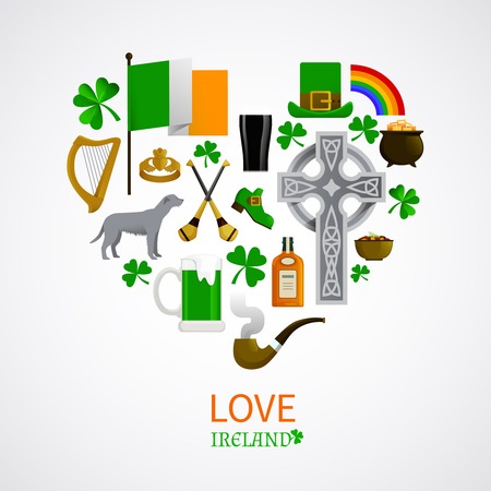 Ireland national traditions icons composition with shamrock leprechaun whisky harp irish terrier vector illustrationのイラスト素材