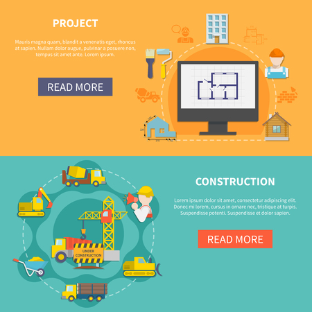 Industrial flat horizontal banners with planning of house building construction elements vehicles and equipment vector illustrationのイラスト素材