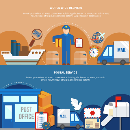 Mail communication horizontal banners in flat style with worldwide delivery and postal services isolated vector illustrationのイラスト素材
