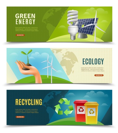 Ecology environment and ecosystem 3 horizontal banners set with green energy sources and recycling isolated vector illustrationのイラスト素材