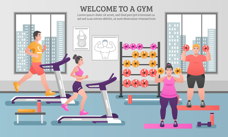 Fitness colored composition with people in the gym and having to work out vector illustrationのイラスト素材