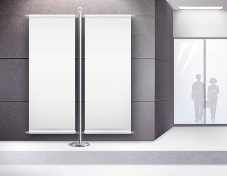 Blank illuminated advertisement double vertical banner display stand in modern urban building interior black white vector illustrationのイラスト素材