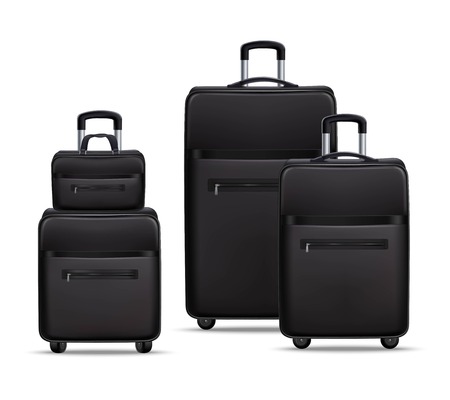 Business travel black realistic trolley with handbag and laptop bag baggage items set 3d shadow vector illustrationのイラスト素材