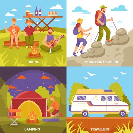 Camping hiking design concept with four square outdoor compositions motorhome tent campfire and faceless people characters vector illustrationのイラスト素材