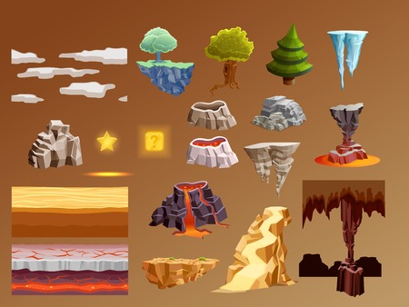 Computer games 3d bright glowing elements collection with golden lava volcano eruption caramel brown background vector illustrationのイラスト素材