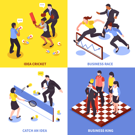 Flat competition business icon set with idea cricket business race catch an idea and business king descriptions vector illustrationのイラスト素材
