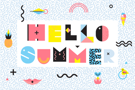 Hello summer memphis style design with black wavy lines geometric elements food on decorative frame...