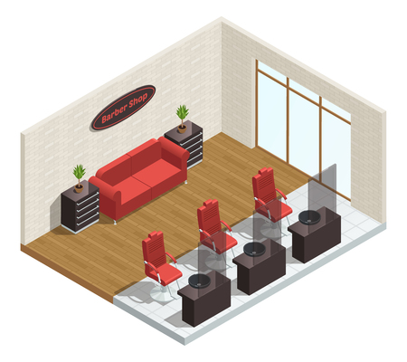 Barbershop salon isometric interior composition with red barbers chairs sofa indoor plants window and studio  vector illustrationのイラスト素材