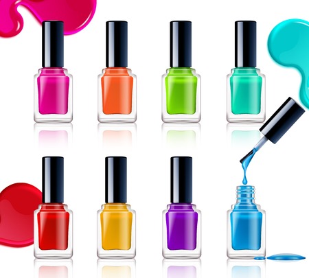 Nail polish assortment of beautiful bright colors on white background with colorful drops realistic vector illustrationのイラスト素材