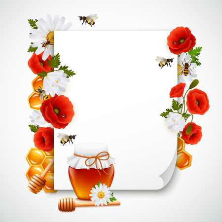 Paper and honey composition with floral patterns honeycomb and different stylish elements around white paper sheet vector illustrationのイラスト素材