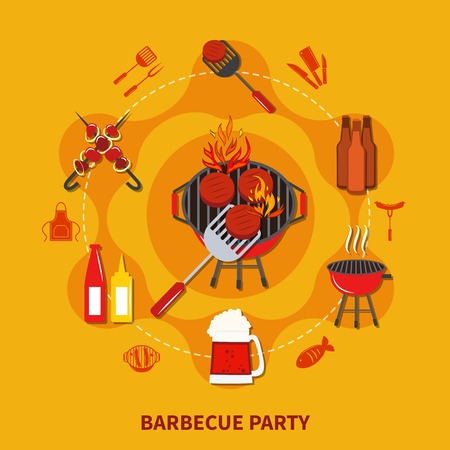 Barbecue  party flat with cooking on open fire with necessary objects and foods vector illustrationのイラスト素材