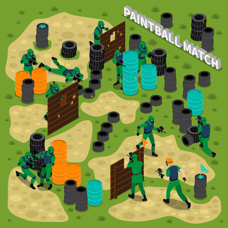 Paintball match with teams of players obstacles and heap of tires on game field isometric vector illustrationのイラスト素材