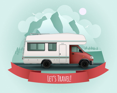 Colored recreational vehicle poster with red ribbon and let s travel description vector illustrationのイラスト素材