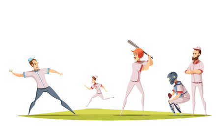Baseball players design concept with cartoon sportsman figurines engaged in game on sports field flat vector illustrationのイラスト素材