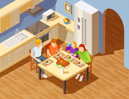 Family of four weekend dinner at kitchen table isometric view with fried chicken dishのイラスト素材