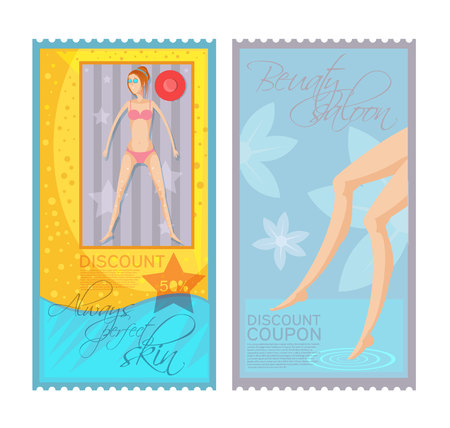 Colorful epilation discount coupon tickets set with young woman and female legs isolated  flat vector illustrationのイラスト素材