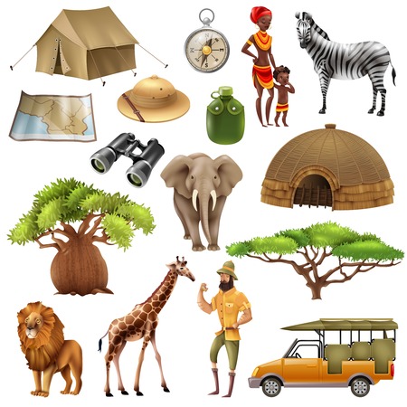 Colored and isolated safari set icon set with elements and attributes on theme vector illustrationのイラスト素材
