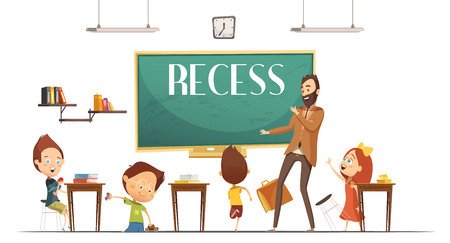 Primary school teacher announcing lunch and recess break time for children to eat retro cartoon vector illustrationのイラスト素材