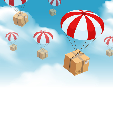 Parachute box delivery background with sky clouds and skydiving parcel with this side up fragile signs vector illustrationのイラスト素材