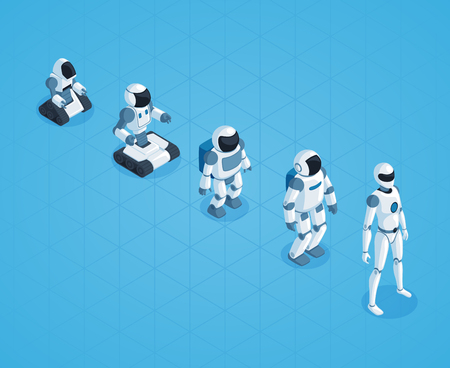 Evolution of robots isometric design with stages of androids development on textured blue background vector illustrationのイラスト素材
