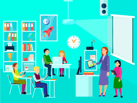 Composition of modern education teacher and kids characters in classroom interior with flat desk bookshelves images vector illustrationのイラスト素材