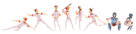 Baseball players colored icons set with cartoon sportsman figurines in different poses on white background flat isolated vector illustrationのイラスト素材