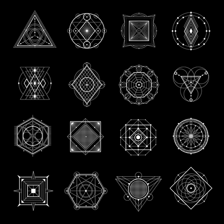Sacred geometry white elements and symbols set isolated on black background flat vector illustrationのイラスト素材