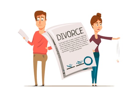 Marriage divorce set flat composition with unhappy partners drawn characters and written contract of marital separation vector illustrationのイラスト素材