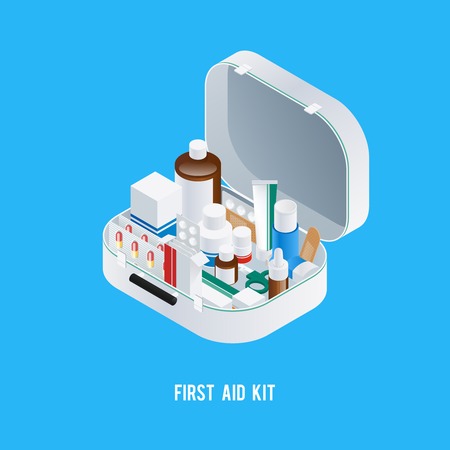 Pharmacy aid kit composition with isometric image of medicine box filled with different drugs and medication vector illustrationのイラスト素材