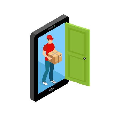 Online order delivery conceptual composition with smartphone screen as door opening and delivery agent with postal parcel vector illustrationのイラスト素材