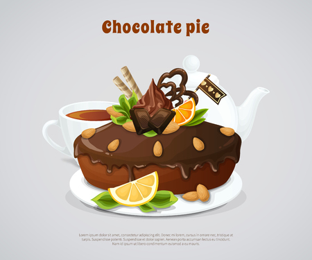 Glazed chocolate pie decorated nuts and fruits with white teapot and cup on grey background vector illustrationのイラスト素材