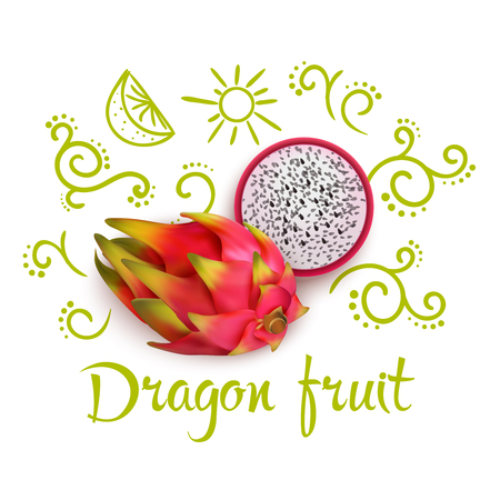 Doodles with flourishes citrus slices and typographic lettering around 3d dragon fruit on white background vector illustrationのイラスト素材
