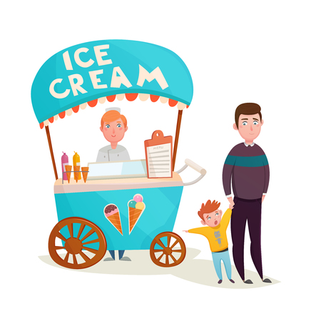 Little boy asking father to buy icecream near ice cream street seller wagon cartoon characters vector illustrationのイラスト素材