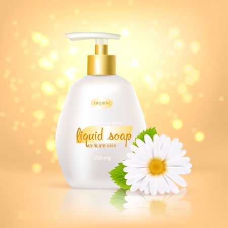 Colored and realistic cammomile soap background with white plastic tubeのイラスト素材