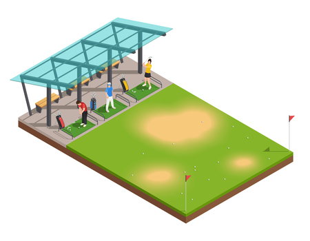 Golf training isometric composition with instructor and players swinging putter underのイラスト素材