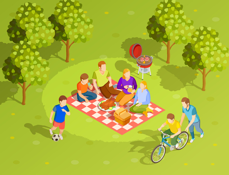 Family summer holiday countryside style brunch picnic with bbq and riding bikeのイラスト素材