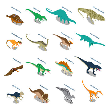 Dinosaurs set of isometric icons with carnivores and herbivores including tyrannosaurus pterodactyl brontosaurus triceratops isolated vector illustrationのイラスト素材