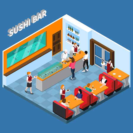 Sushi bar with staff and clients food and beverages interior elementsのイラスト素材