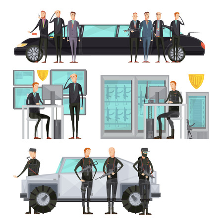 Intelligence agency colored flat composition with security and cars protection and scanning vector illustrationのイラスト素材