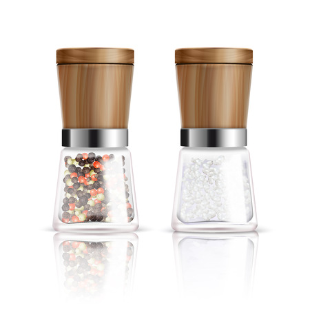 Two isolated realistic salt and pepper mill composition with glass container and wooden coverのイラスト素材