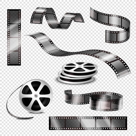 Realistic straight and twisted photographic strips and film reels 3d set on transparent backgroundのイラスト素材