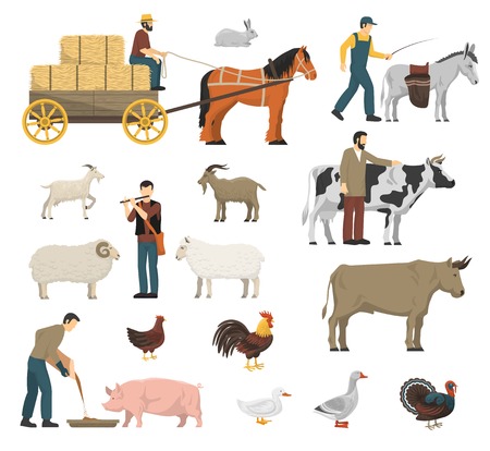 A Farm animals set with cow horse and hen flat isolated vector illustrationのイラスト素材
