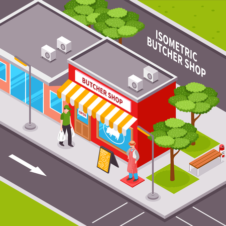 Butcher shop outside isometric design with advertising striped awning passing man road infrastructure and trees vector illustrationのイラスト素材