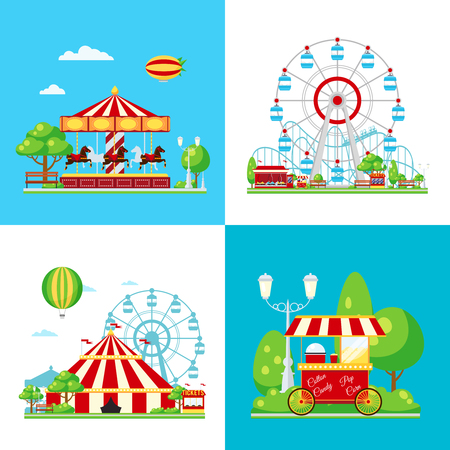 Four square colored amusement park composition with ferris wheel carousel circus and ice cream van vector illustrationのイラスト素材